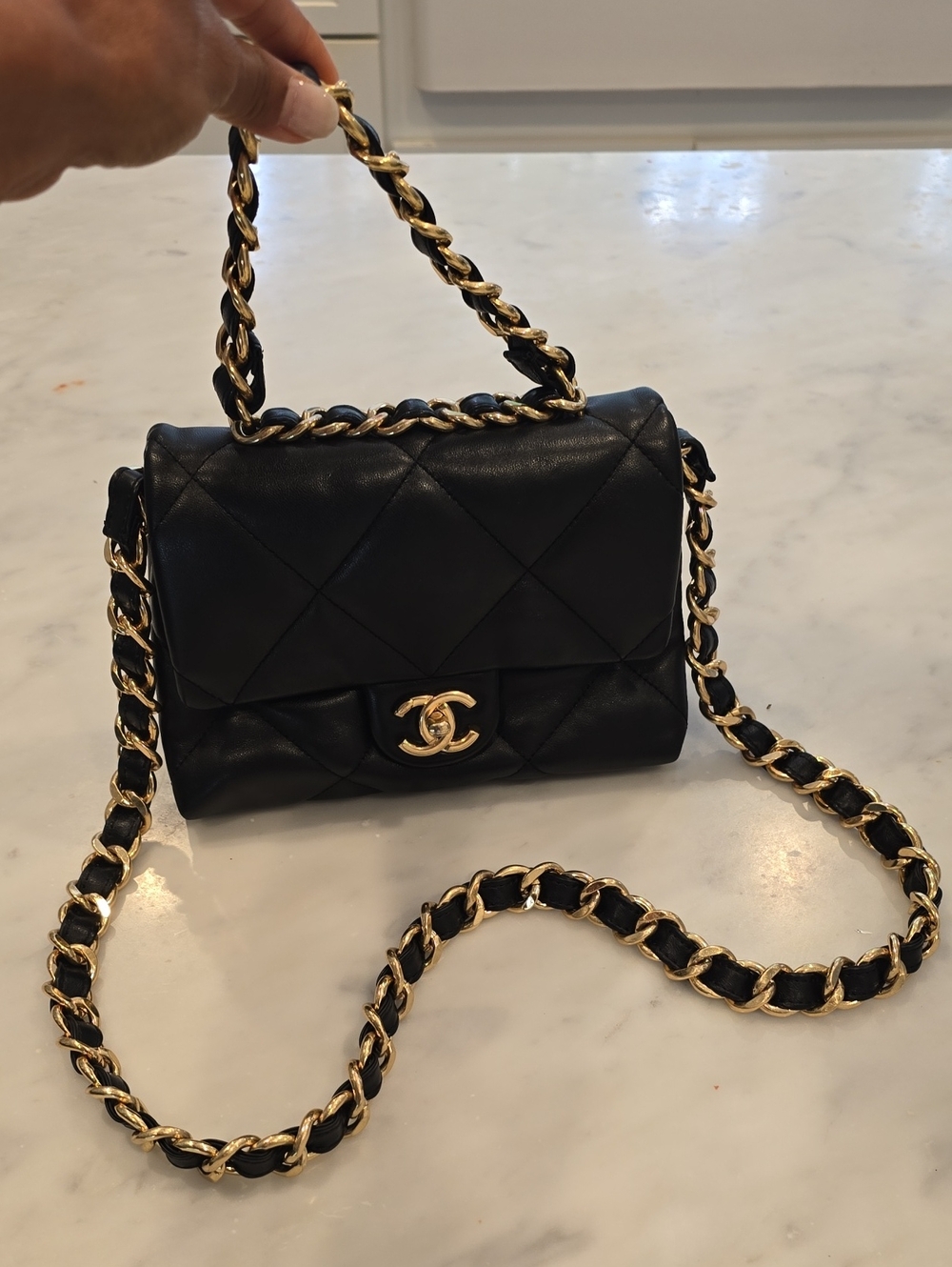 Black Quilted Leather Small Flap Bag with Gold Chain